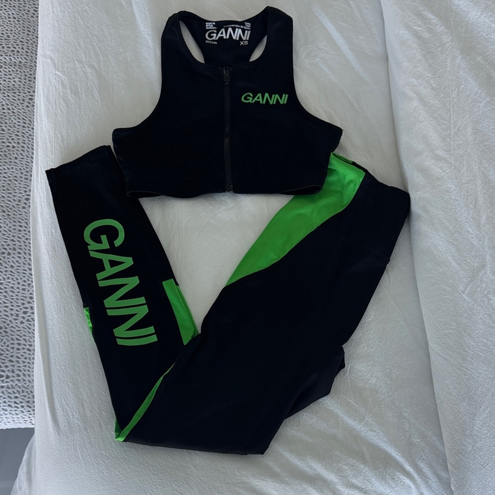 Ganni Black and Neon Green Zip Sports Bra and Leggings Set